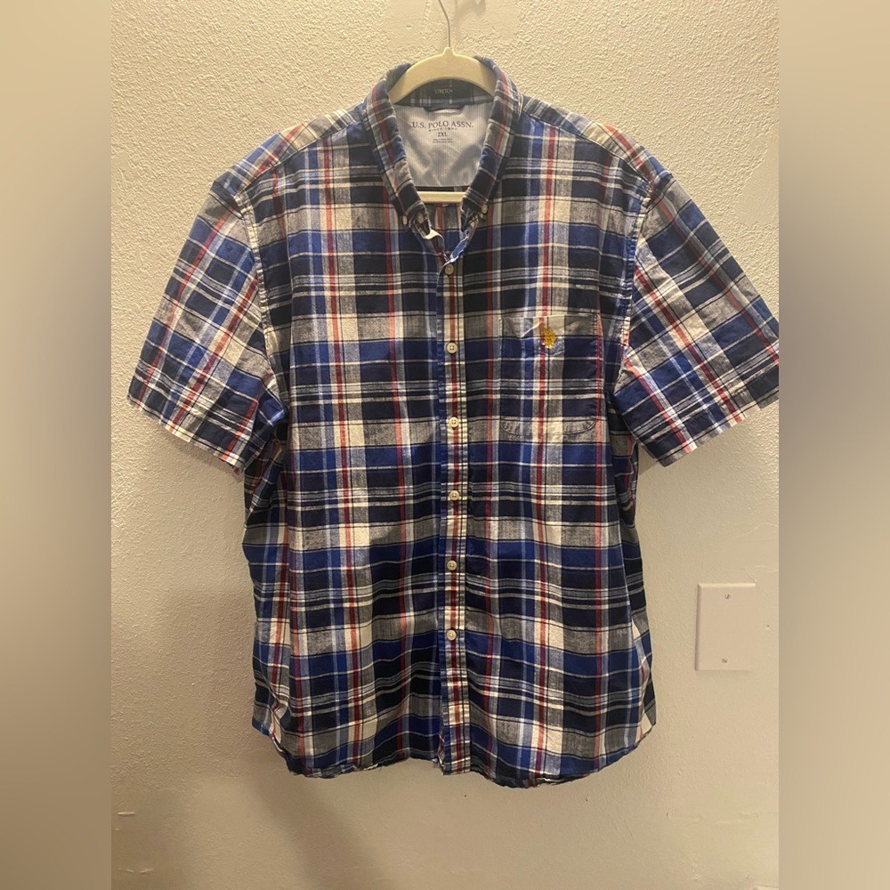 U.S. Polo Assn. Men's Blue and Red Plaid Shirt‎
